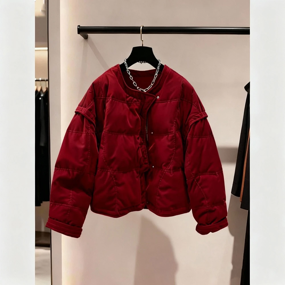 2025冬季新款韩版丝绒保暖红色棉服外套女时髦通勤小众面包服爆款