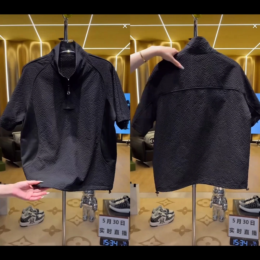 欧洲站轻奢高定休闲男装上衣2025夏季新款设计感半袖网孔线条体恤