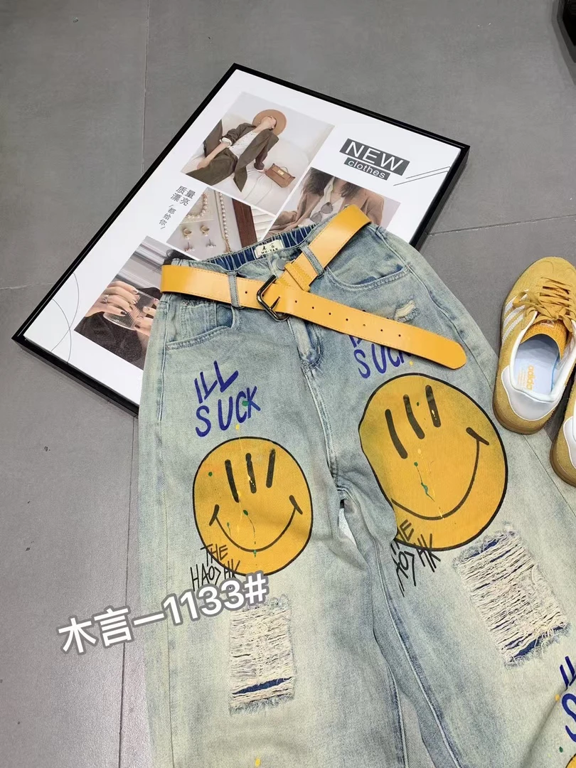 高腰宽松破洞牛仔裤笑脸印花时尚设计感休闲哈伦裤女春夏1133