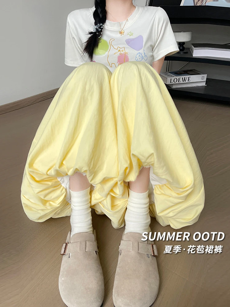 贝贝小姐【减龄神器】黄色花苞裙裤高腰宽松裙裤小个子休闲阔腿裤