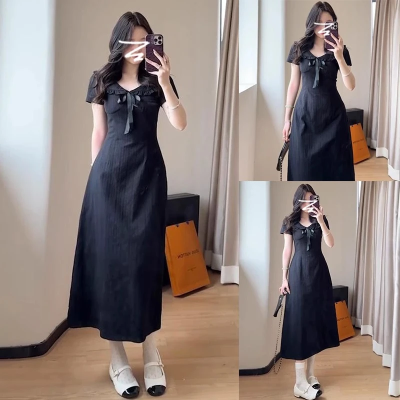 法式学院风黑色短袖连衣裙女小个子夏季2025新款漂亮独特掐腰长裙