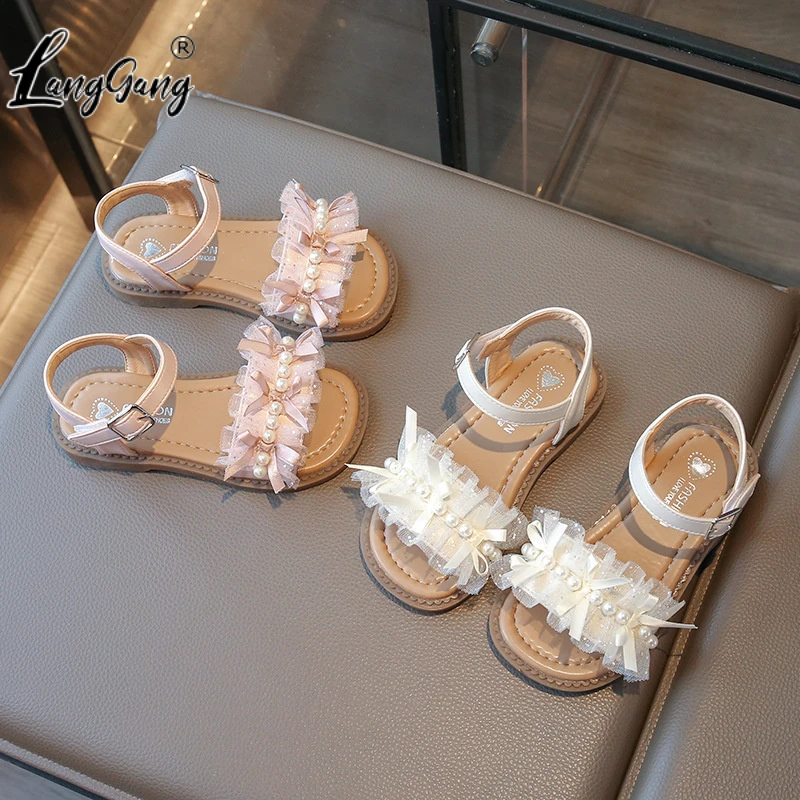 蕾丝漂亮女童鞋软底露趾儿童沙滩鞋简约公主鞋潮2025夏天凉鞋珍珠