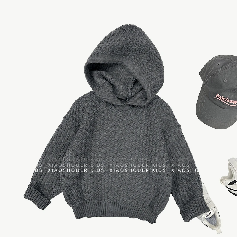 【小首尔】现货-qc男童韩版连帽毛衣秋季纯色宽松针织上衣HBB5828
