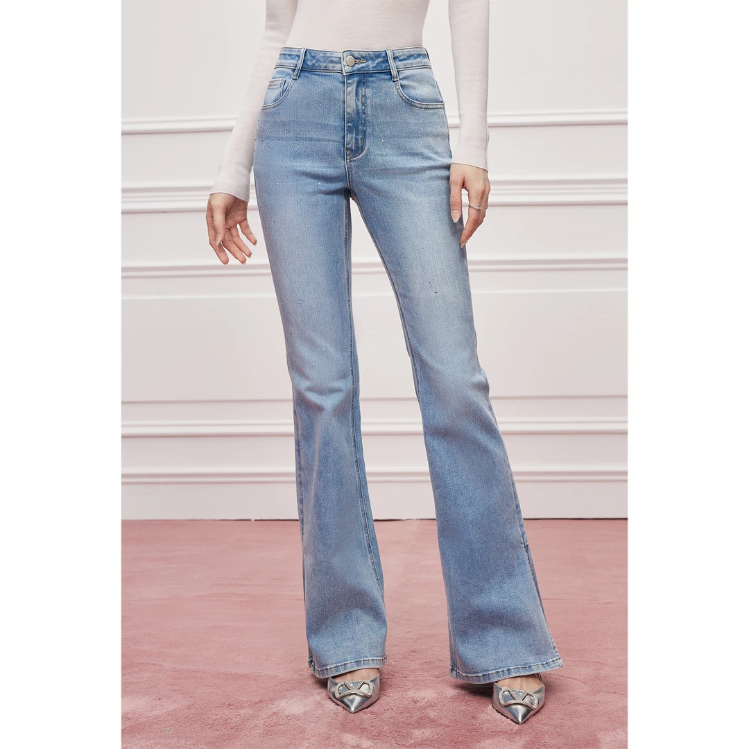 【达人专属】MandyZhang水洗蓝烫钻微喇牛仔裤女秋冬长裤NZ0029