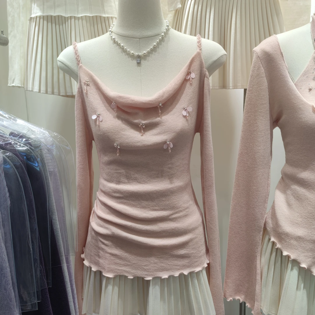 555重工挂脖吊带荡领漏肩针织小衫