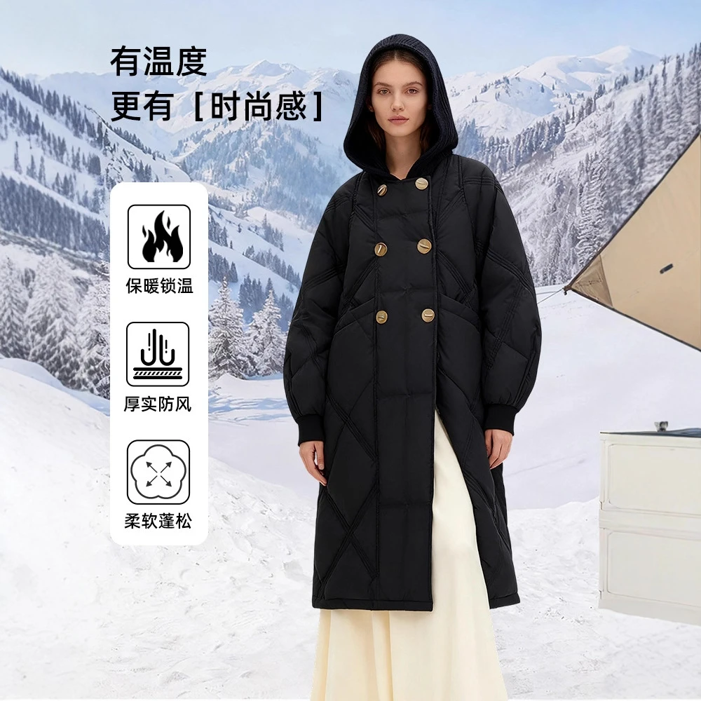 冬季欧洲站新款假两件保暖白鸭绒毛线帽中长款羽绒服外套