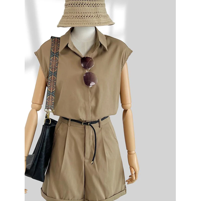 松弛老钱风两件套装女夏季新款复古坎肩衬衫上衣气质显瘦高腰短裤