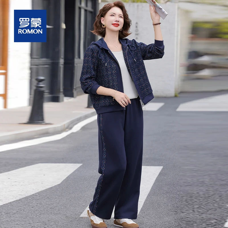 罗蒙中老年运动套装女春秋洋气2025新款五十多岁妈妈秋装休闲外套