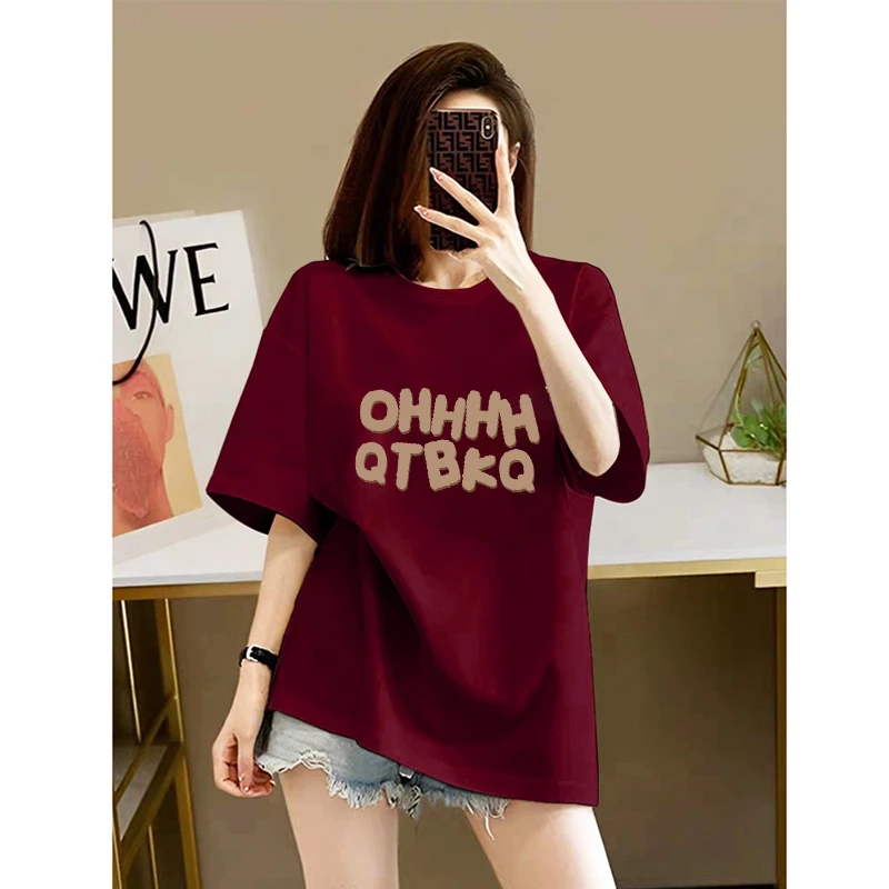 酒红色纯棉短袖T恤女2024夏季新款爆款宽松中长款遮屁股上衣服ins