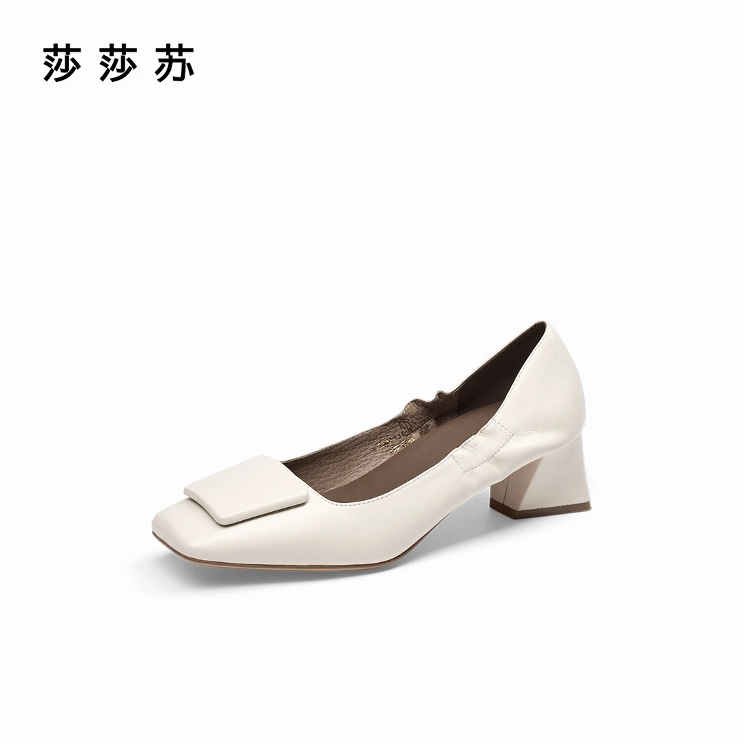 【心动offer】莎莎苏2025春新款可松紧粗跟女士真皮单鞋ZA65131-12
