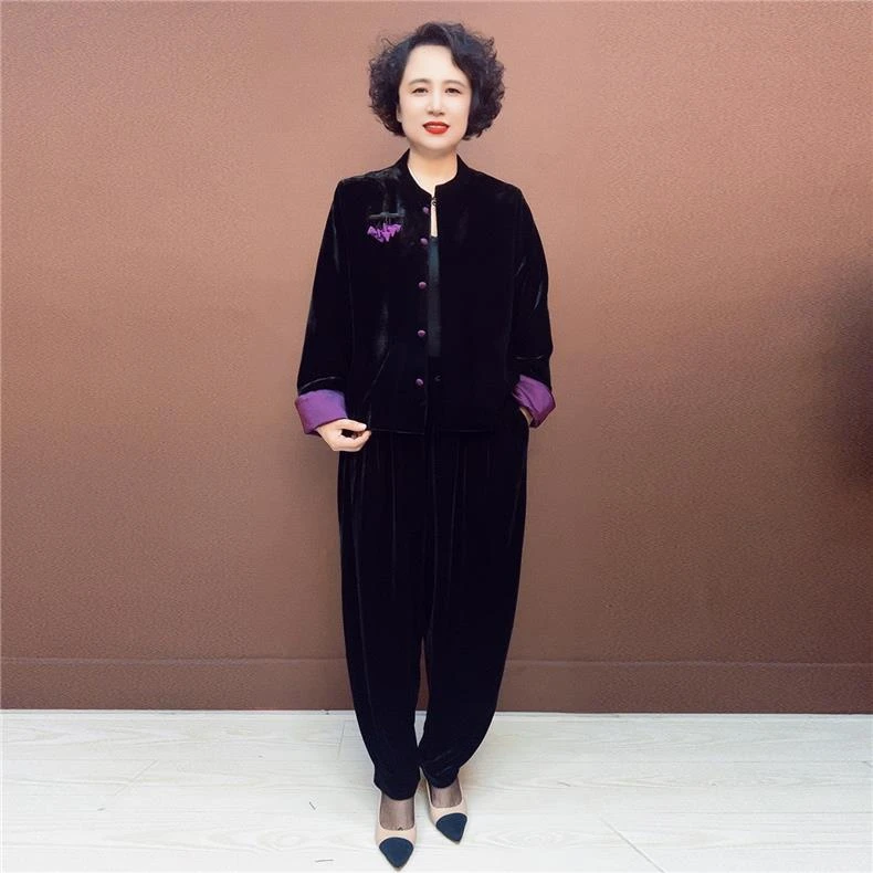 8903哈伦裤两件套女装撞色丝绒小洋气妈妈松紧秋季大码外套腰时尚