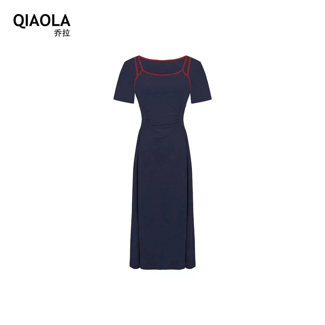 QIAOLA/乔拉【北岛情书】夏款弹力针织假两件压褶收腰连衣裙预售