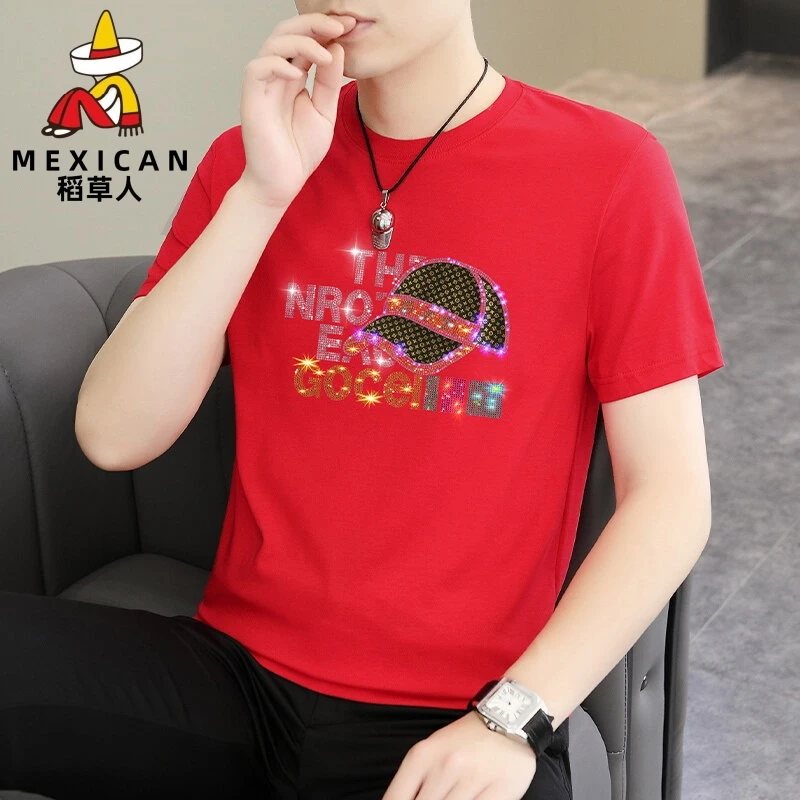 稻草人2025夏季新款欧版潮流时尚男士百搭烫钻圆领休闲短袖红色