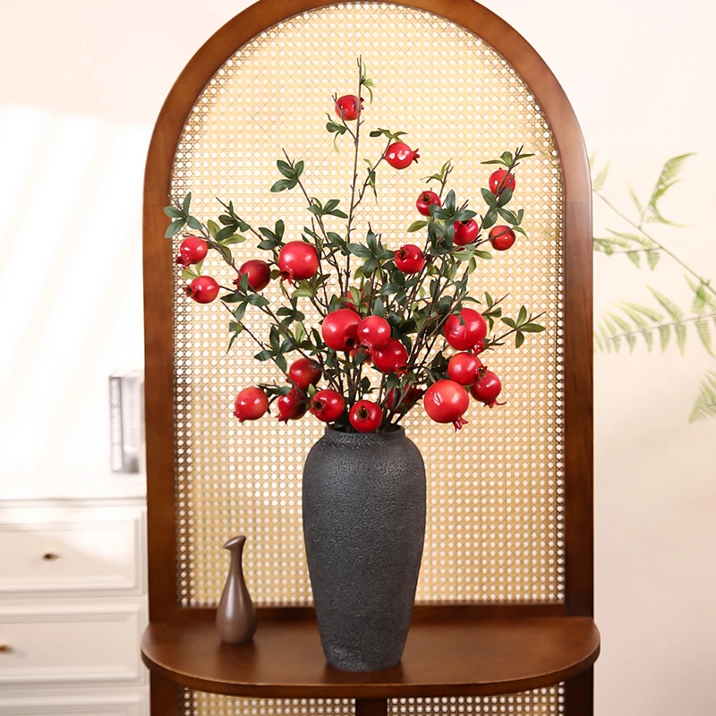 【富贵吉祥】新中式石榴果仿真花绢花客厅玄关餐桌树枝如意插花摆件