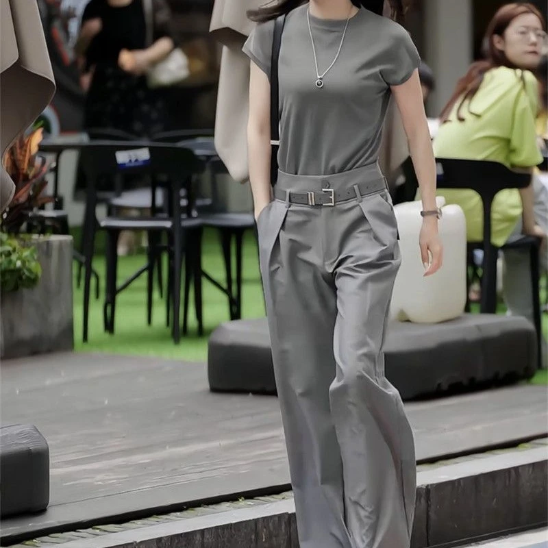 新款纯色套装短袖上衣搭配阔腿裤