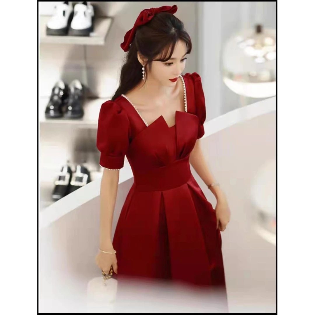 新娘敬酒服小个子气质长款方领结婚订婚出阁回门礼服缎面平时可穿