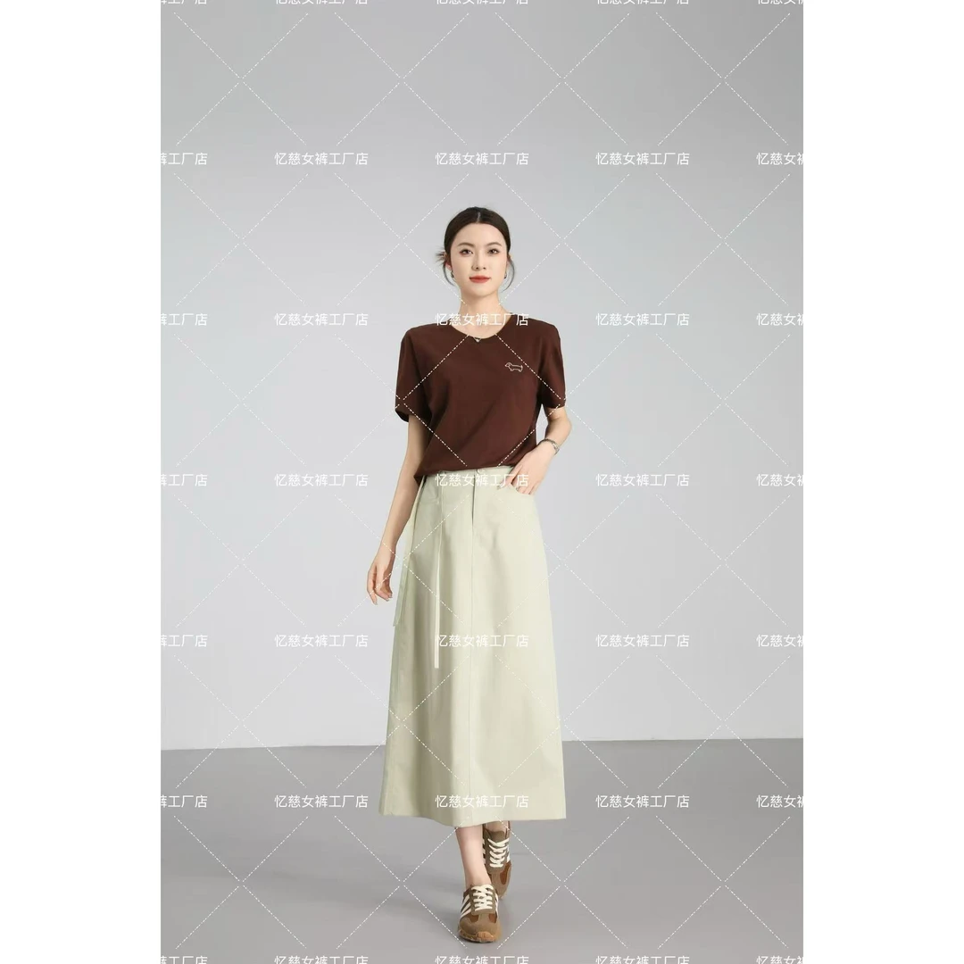 【飘带设计】夏季通勤高腰后开叉系带直筒半身裙中长款7762