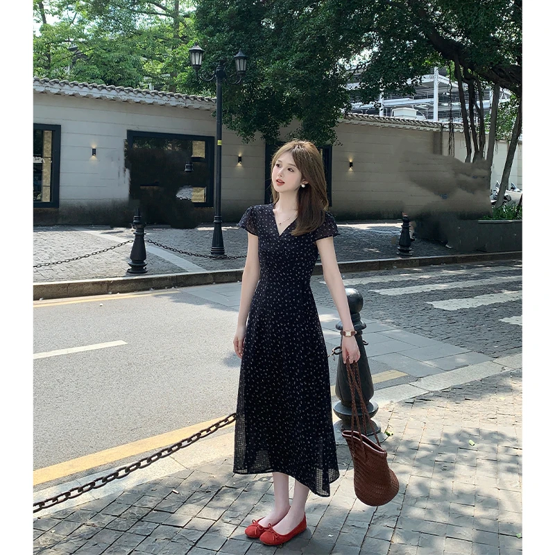 FUGUI RICH小个子V领连衣裙女中长款短袖碎花法式裙子26251L1825