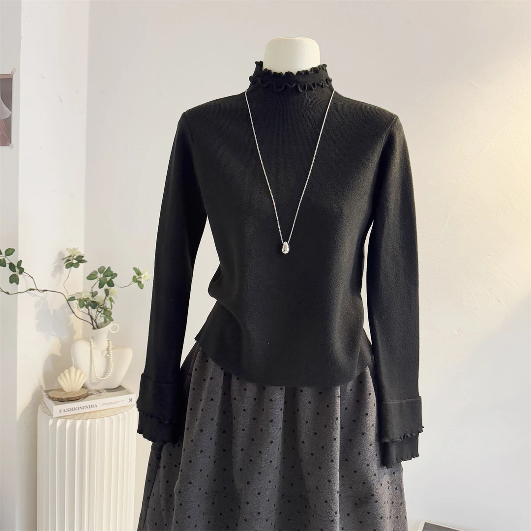 黑色木耳花边半高领针织衫女2025秋冬加厚修身显瘦内搭打底衫上衣