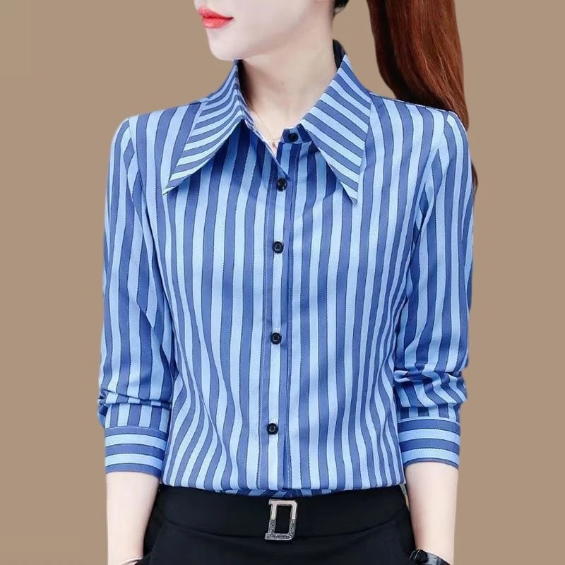 衬衫显瘦气质衬衣长袖洋气打底条纹韩版春秋时尚休闲百搭夏季宽松