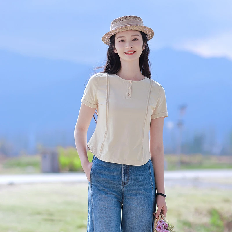 红念杏色T恤女短袖夏季出行2025年新款女装休闲气质棉质上衣