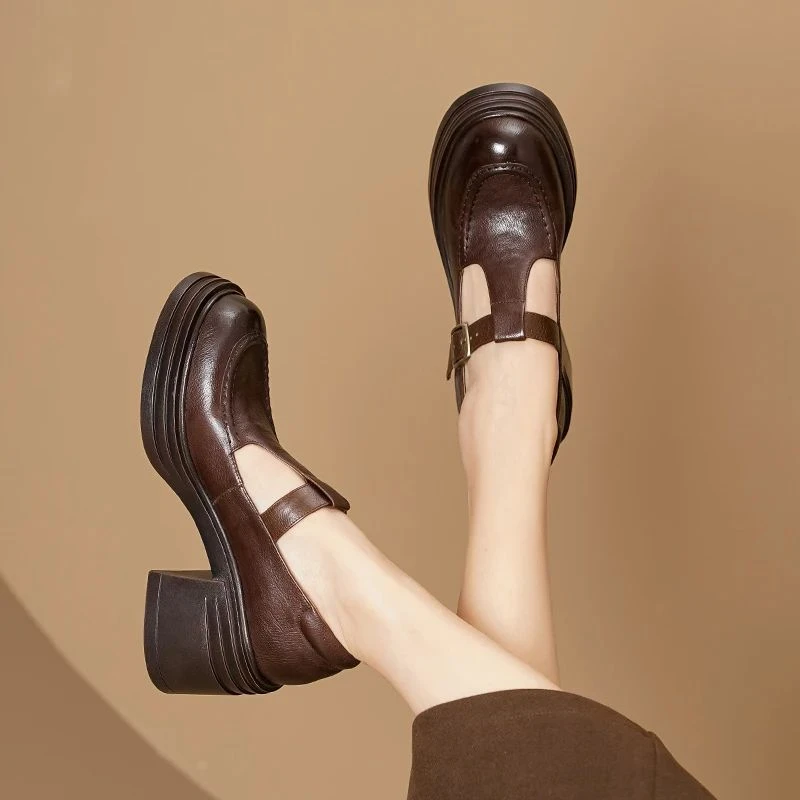 7cm粗跟高跟法式优雅气质复古文艺圆头丁字扣玛丽珍小皮鞋女单鞋