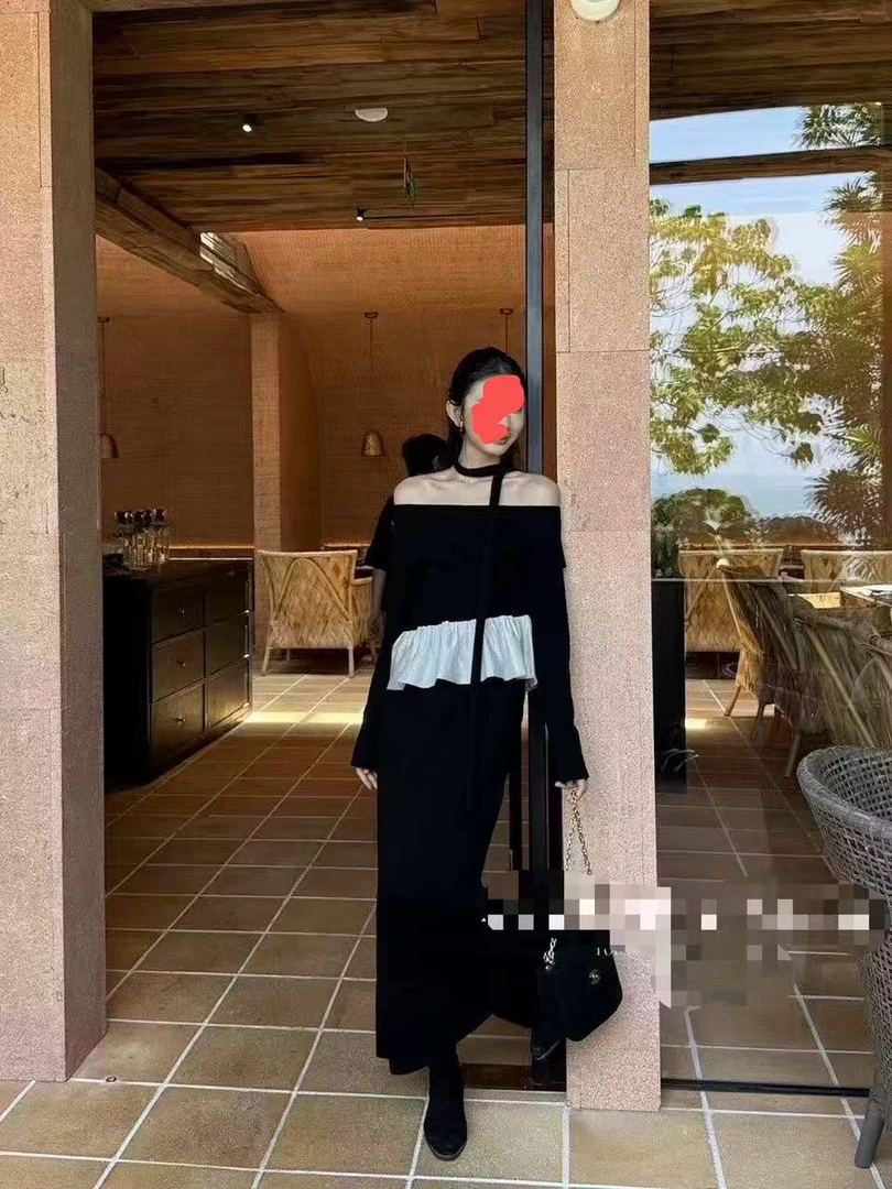 大码法式荷叶边一字肩上衣半身裙两件套9305