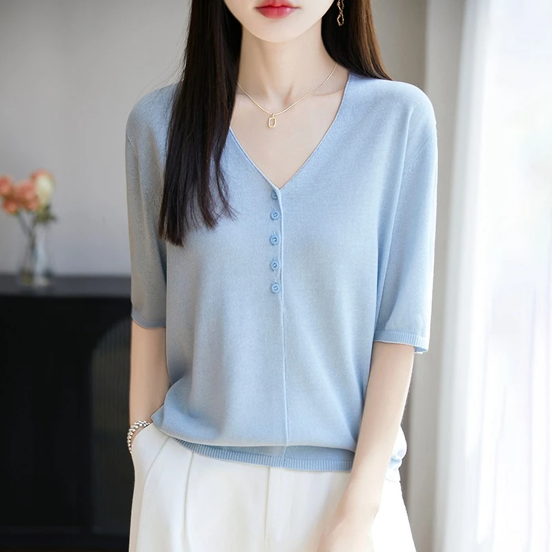 25年夏季新款天丝亚麻V领针织衫五分袖女纯色套头宽松打底衫上衣