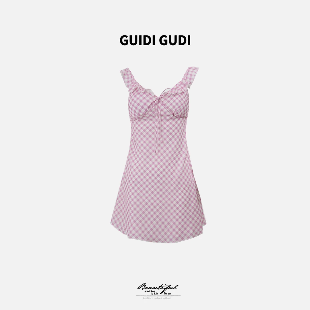 GUIDI GUDI【粉粉嫩嫩】黄加蓝气质女人味吊带连衣裙