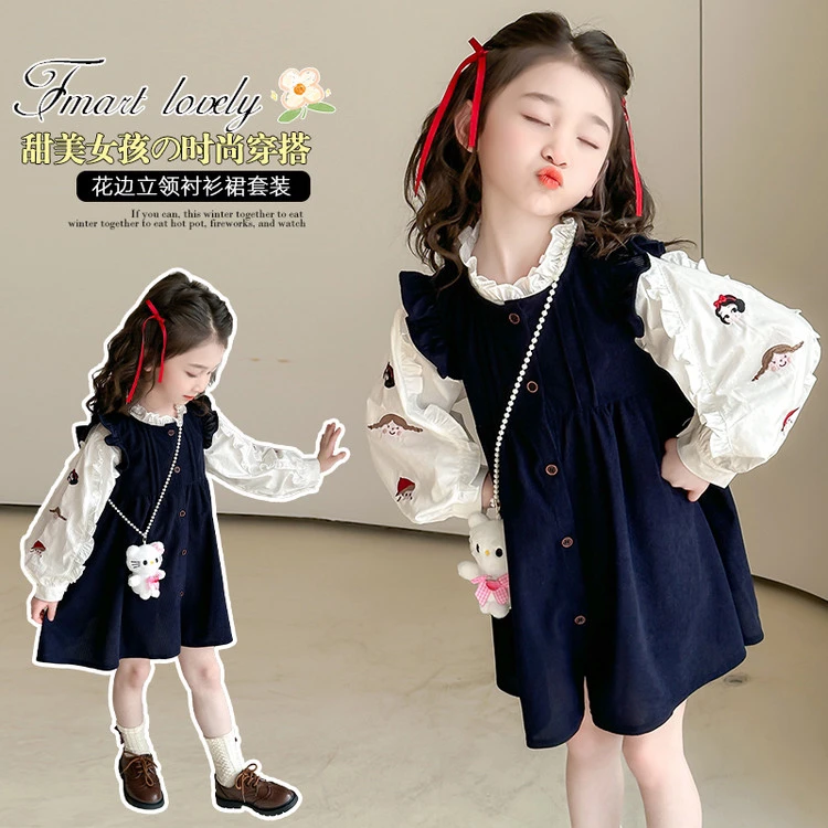 女童连衣裙套装2025春款儿童洋气韩版泡泡袖衬衣宝宝公主裙两件套