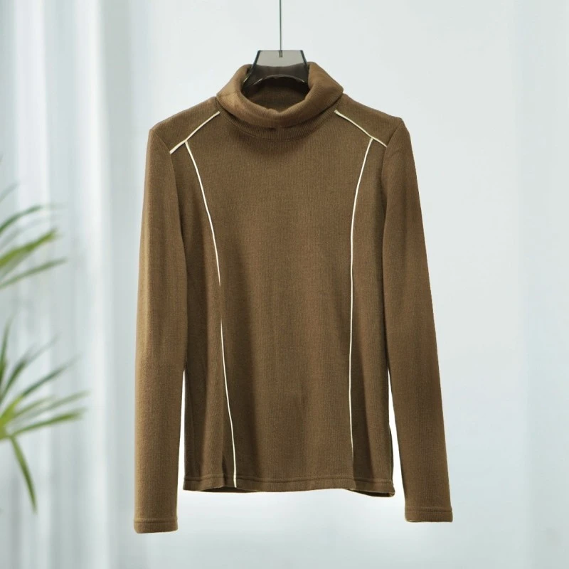 【诗M】Y365-1  女装春秋撞色出芽坑条上衣咖啡色2508067