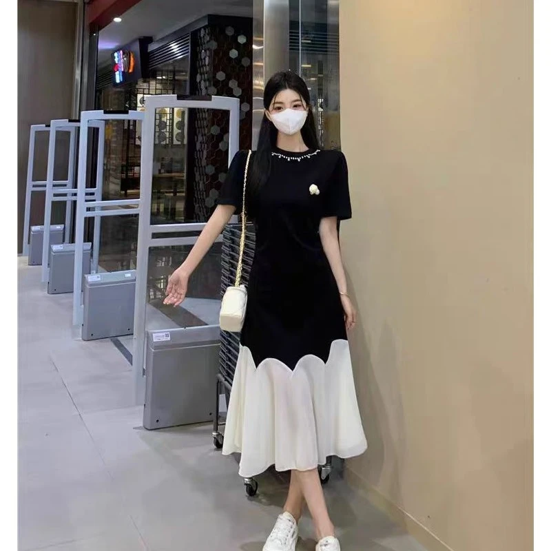 （80-200斤）假两件法式连衣裙夏季微胖mm收腰显瘦黑色a字裙女1821