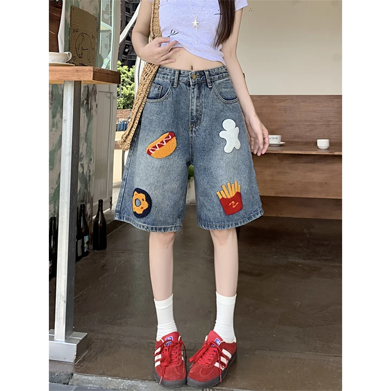 微胖mm复古汉堡薯条毛巾绣五分牛仔裤女夏季新款设计显瘦直筒短裤