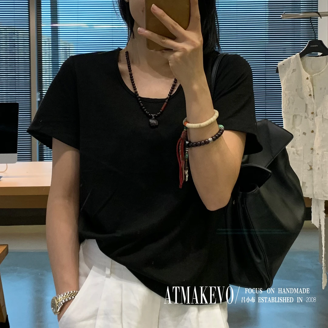 吕小布 | 低圆领短袖女 2024新款醋酸T恤黑色纯色打底上衣0105