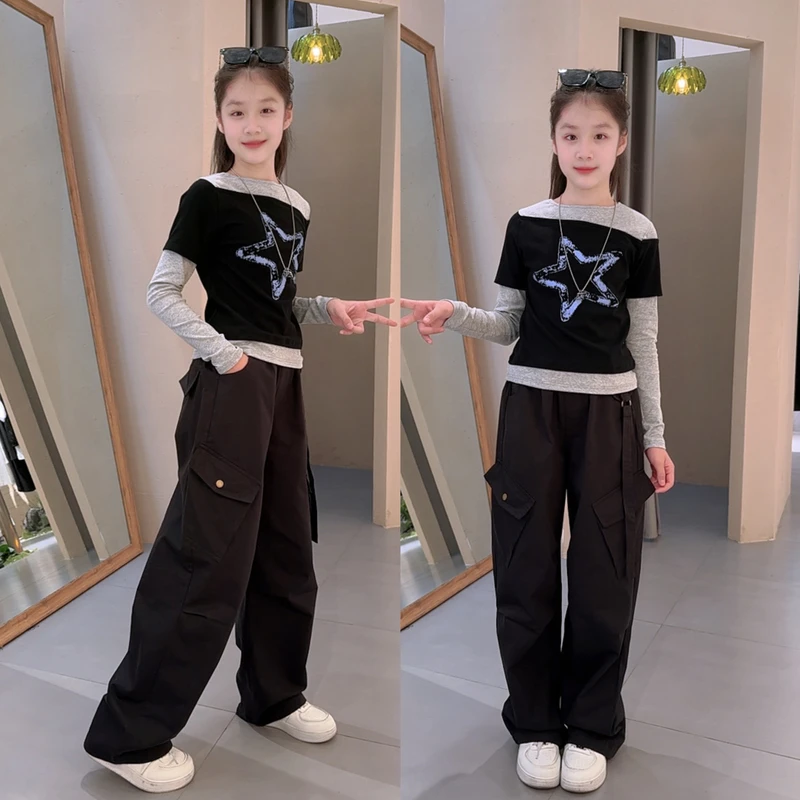 儿童春秋女童休闲风套头休闲长袖工装裤秋季运动工装风套装网红