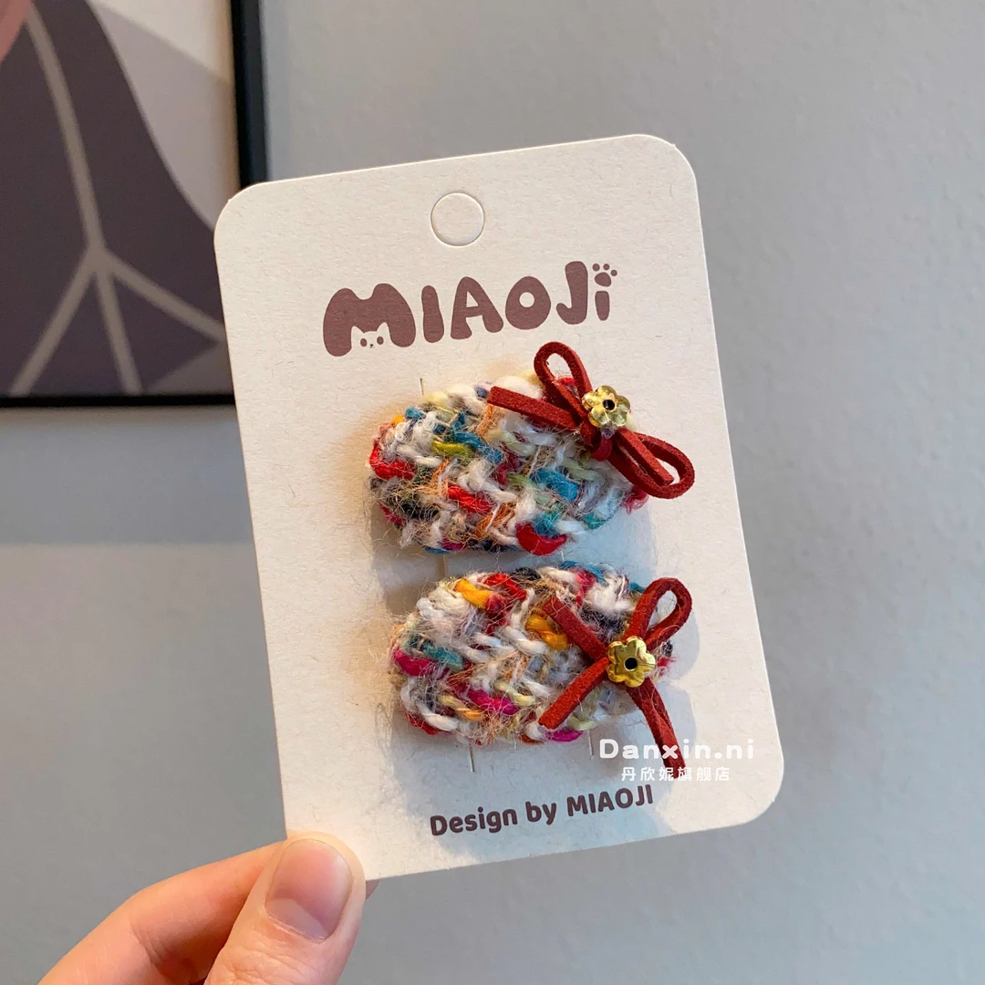 儿童秋冬蝴蝶结毛线发夹气质小香风刘海边夹子女童新款碎发卡头饰