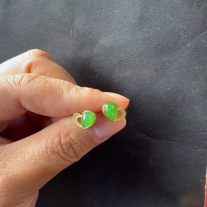 和田玉（碧玉）银S925镀金镶嵌耳饰