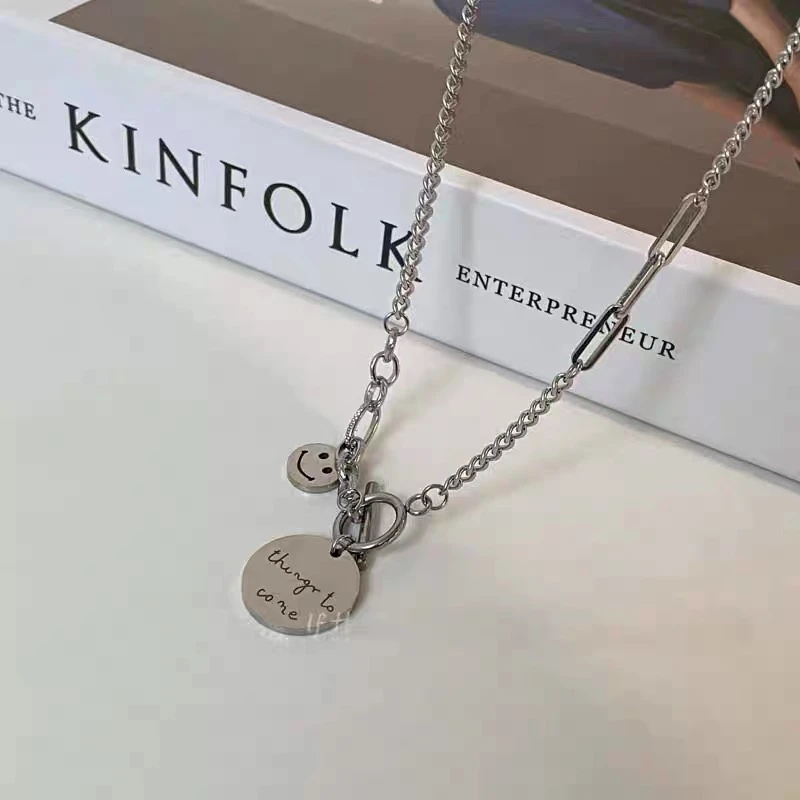 钛钢项链 A-56-轻奢百搭字母笑脸银色ins毛衣链饰品锁骨链小众