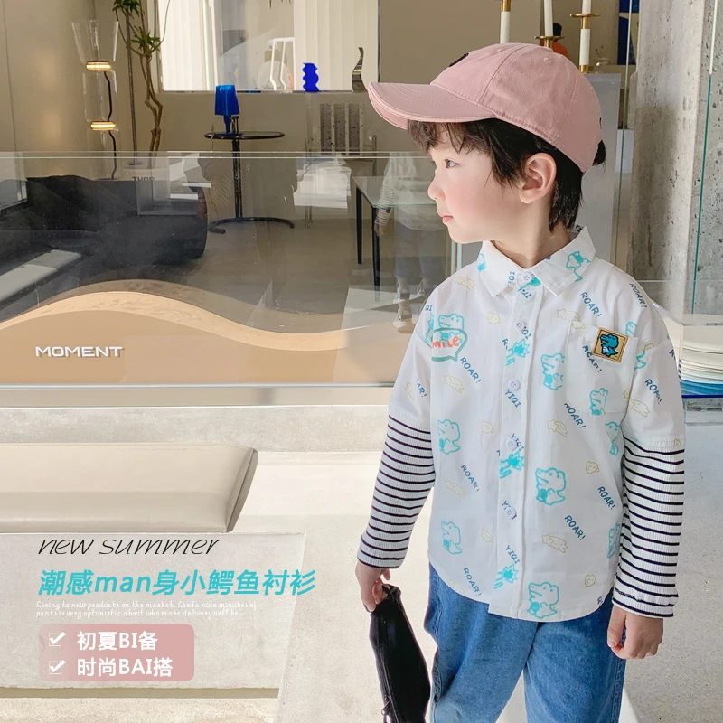 D23男童长袖秋季衬衫儿童薄款1-5岁棉衬衣男宝宝假两件休闲上衣