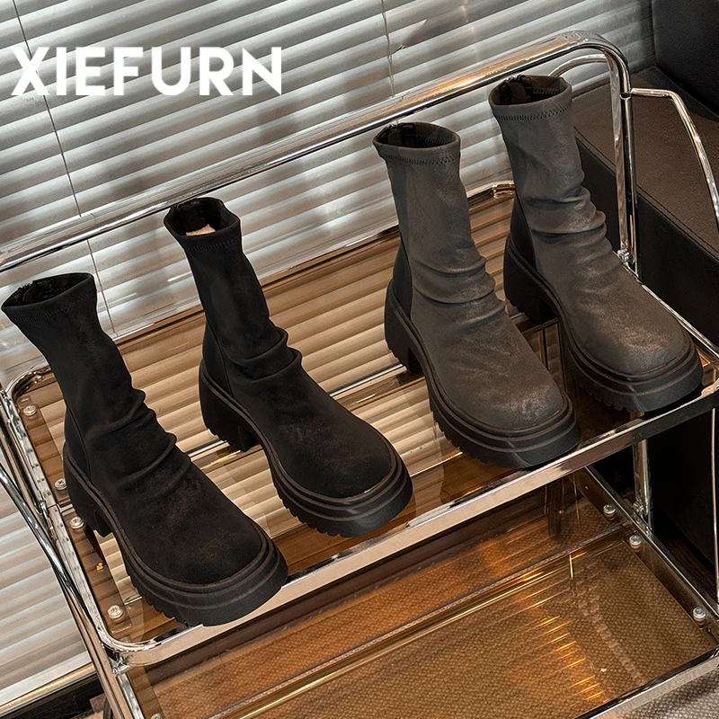 XIEFURN/鞋夫人厚底加绒舒适短靴女2024秋冬新款增高弹力靴