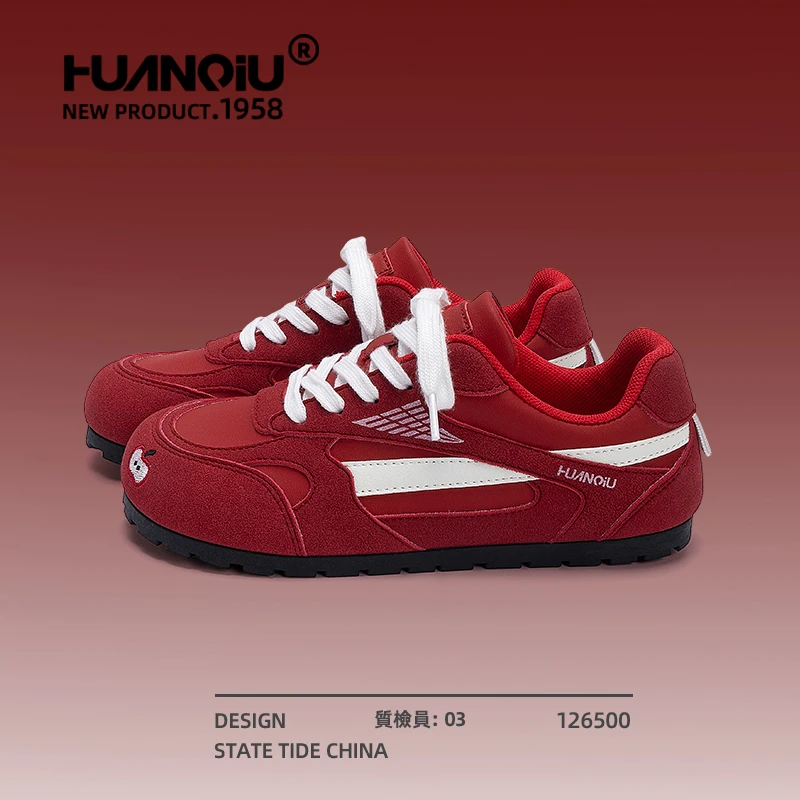 环球女鞋红色薄底透气德训鞋女百搭2025秋季新款内增高赛车鞋板鞋