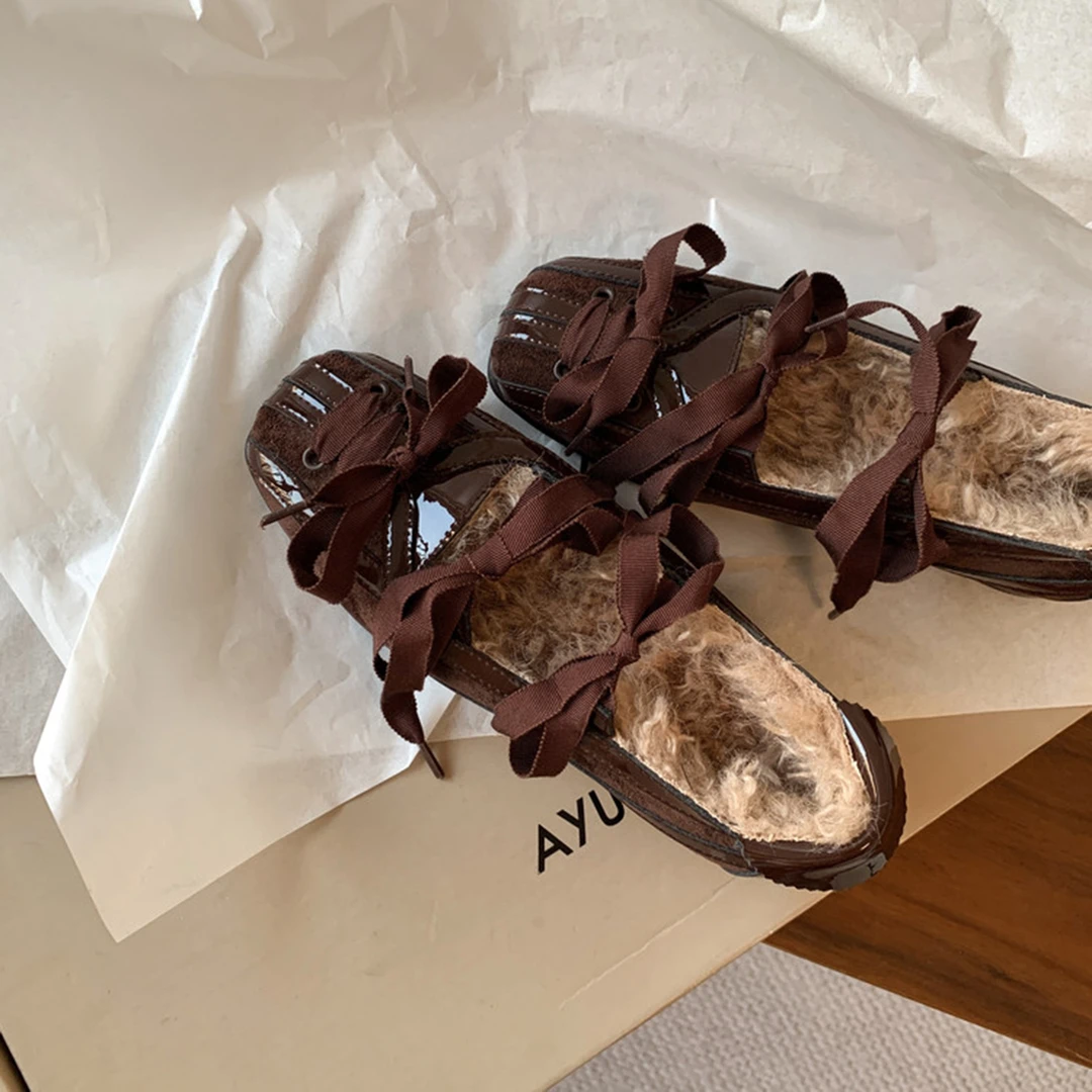 蝴蝶结加绒芭蕾舞鞋女毛毛单鞋2025秋冬新款法式方头平底玛丽珍鞋