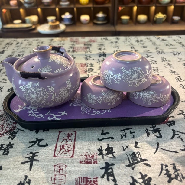 青岚茗器专属链接@@ZH139紫银牡丹手抓壶+三杯+茶盘