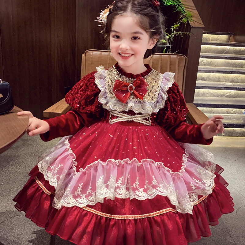 【现货】米米哈罗女童冬款加绒蝴蝶结洛丽塔公主裙连衣裙D240426