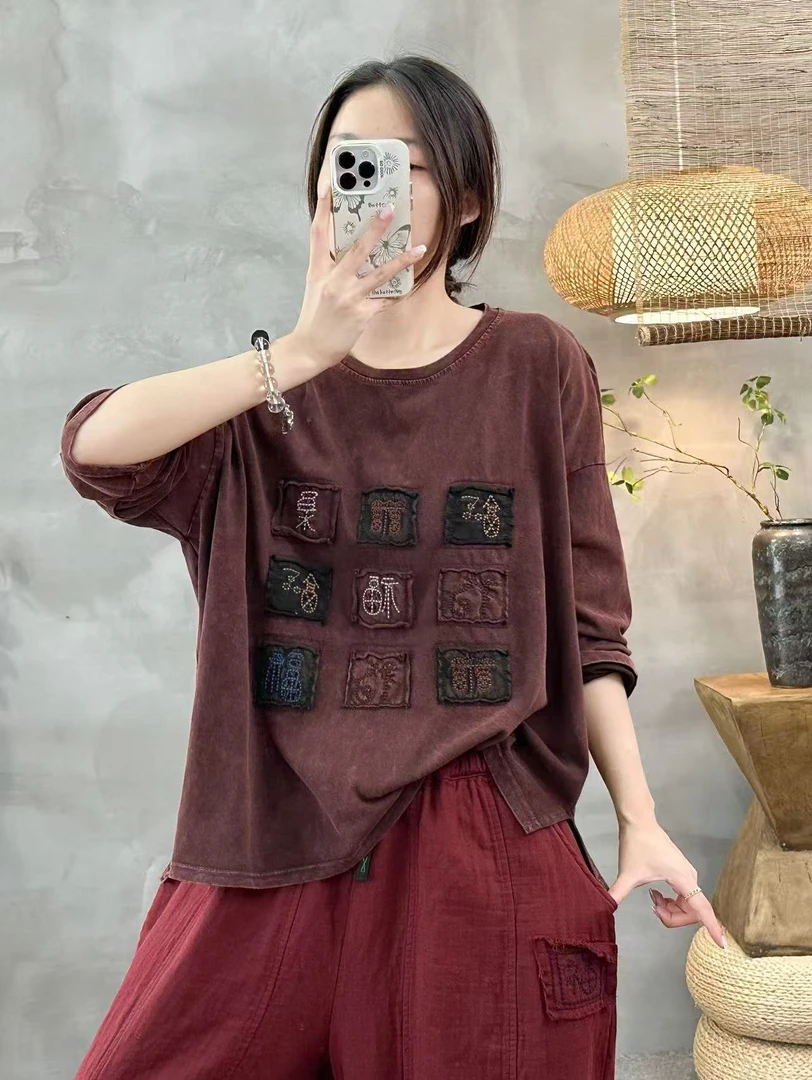 新款女装棉体恤女2160福字刺绣时尚长袖宽松版百搭韩版夏装洋气款