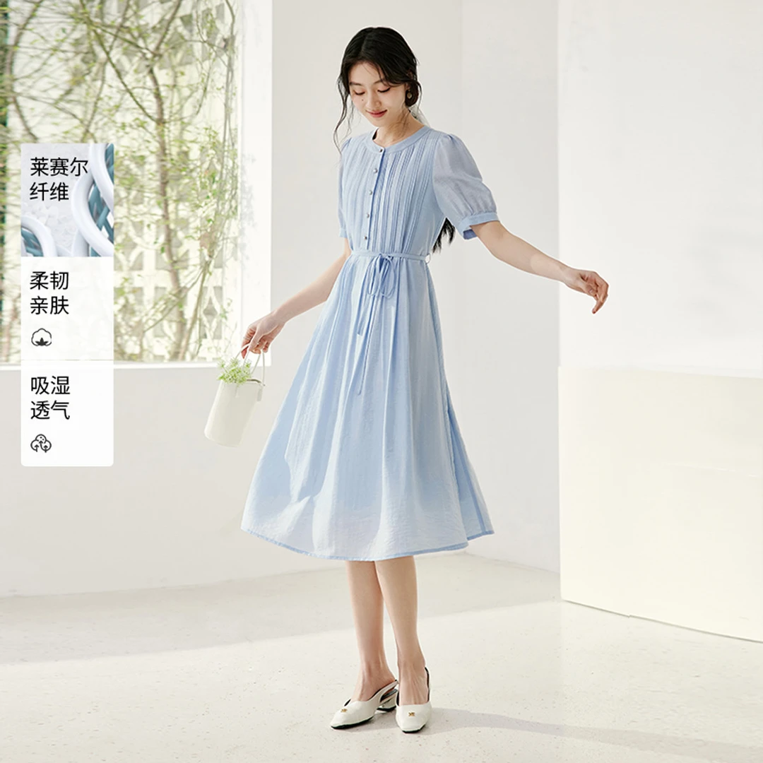 香影｜2025夏装连衣裙女莱赛尔收腰系带圆领泡泡袖裙子