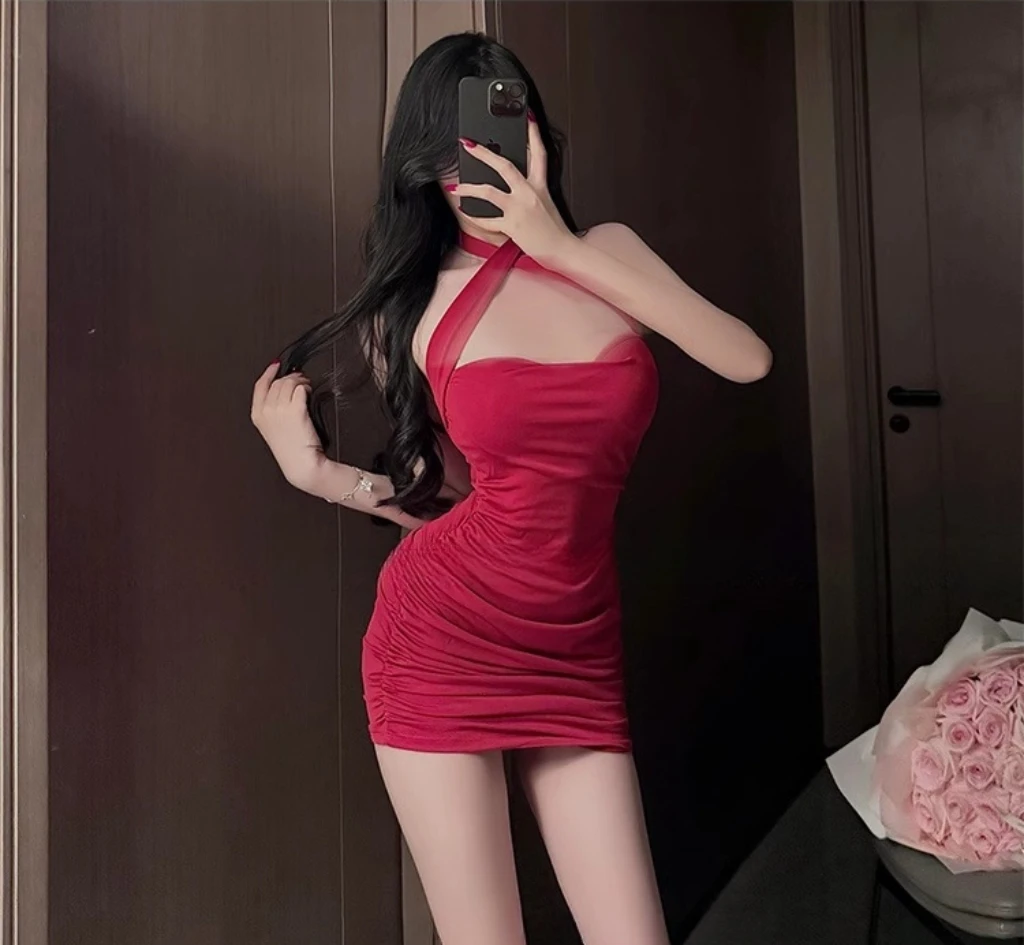 性感挂脖包臀裙吊带裙褶皱复古夏季女装睡裙修身不规则秋季气质