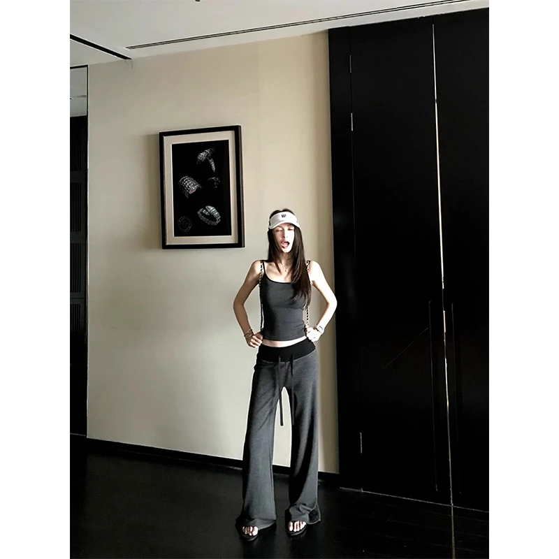 美式性感辣妹细条纹修身吊带上衣女2025夏季拼接抽绳休闲长裤套装