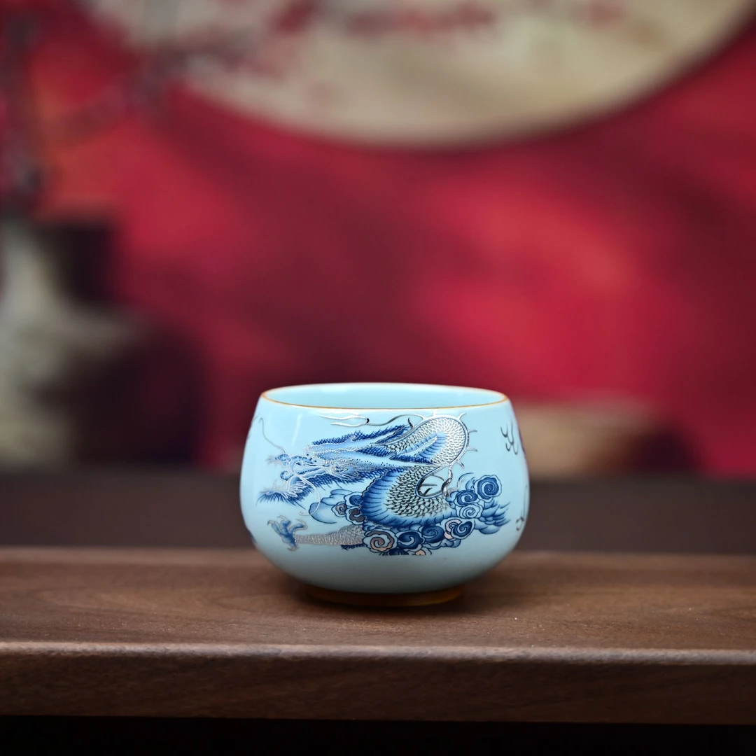 K 天青蓝描银龙纹单杯主人杯  A90