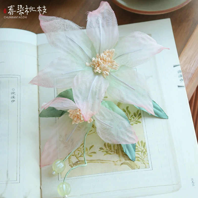 【春染桃枝】古风烫花发夹粉粉百合绢纱头饰边夹仙气汉服配饰发饰女
